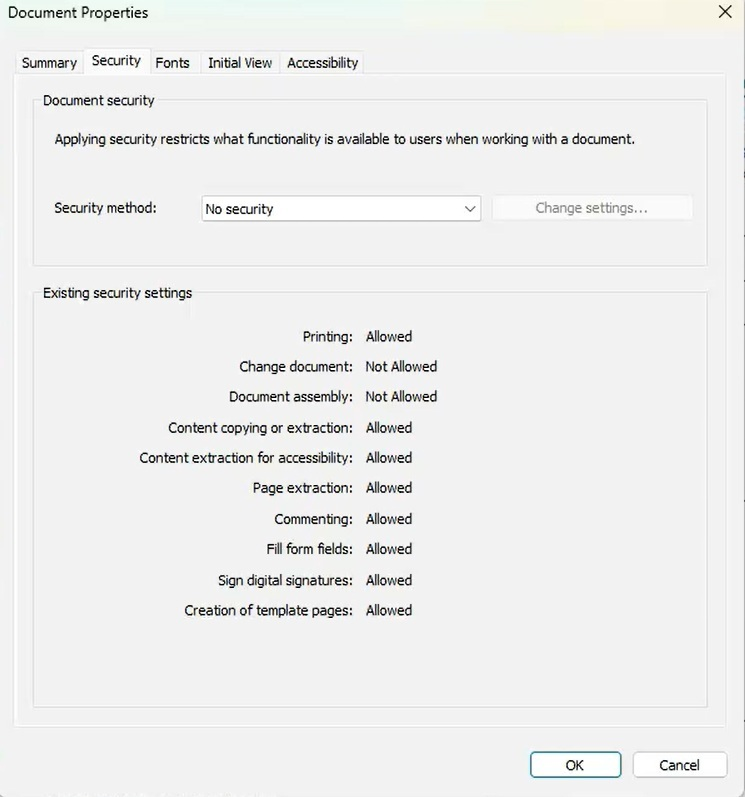 Nitro Document Properties Security tab showing Change document as Not Allowed, with page extraction and digital signatures allowed