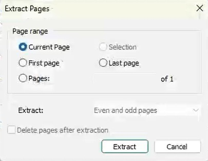 Nitro Extract Pages dialog with page selection options and Delete pages after extraction unchecked