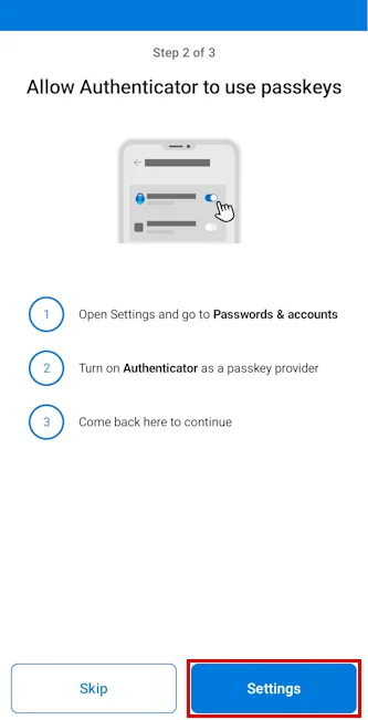 Authenticator prompting the user to open Android settings.